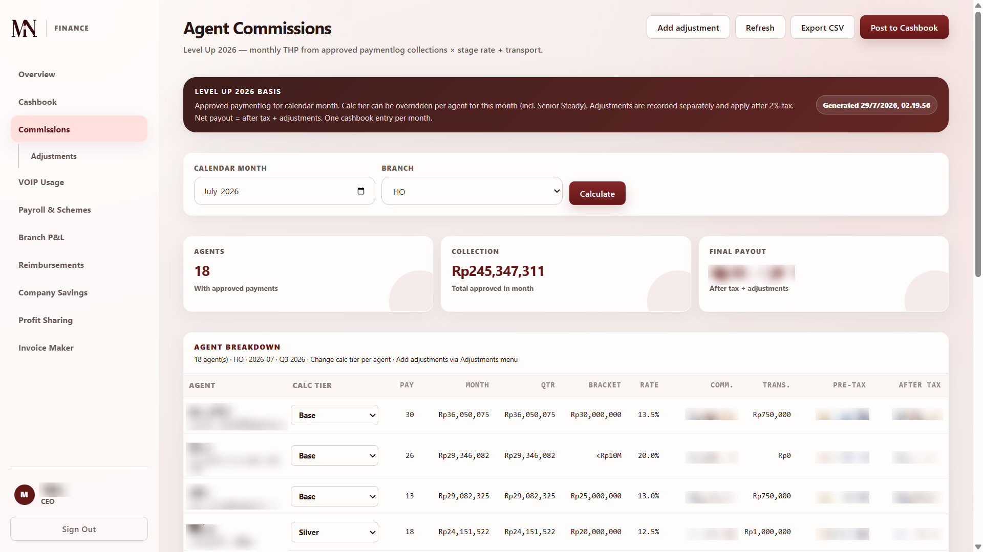 Finance: komisi agent dan cashbook dengan period lock